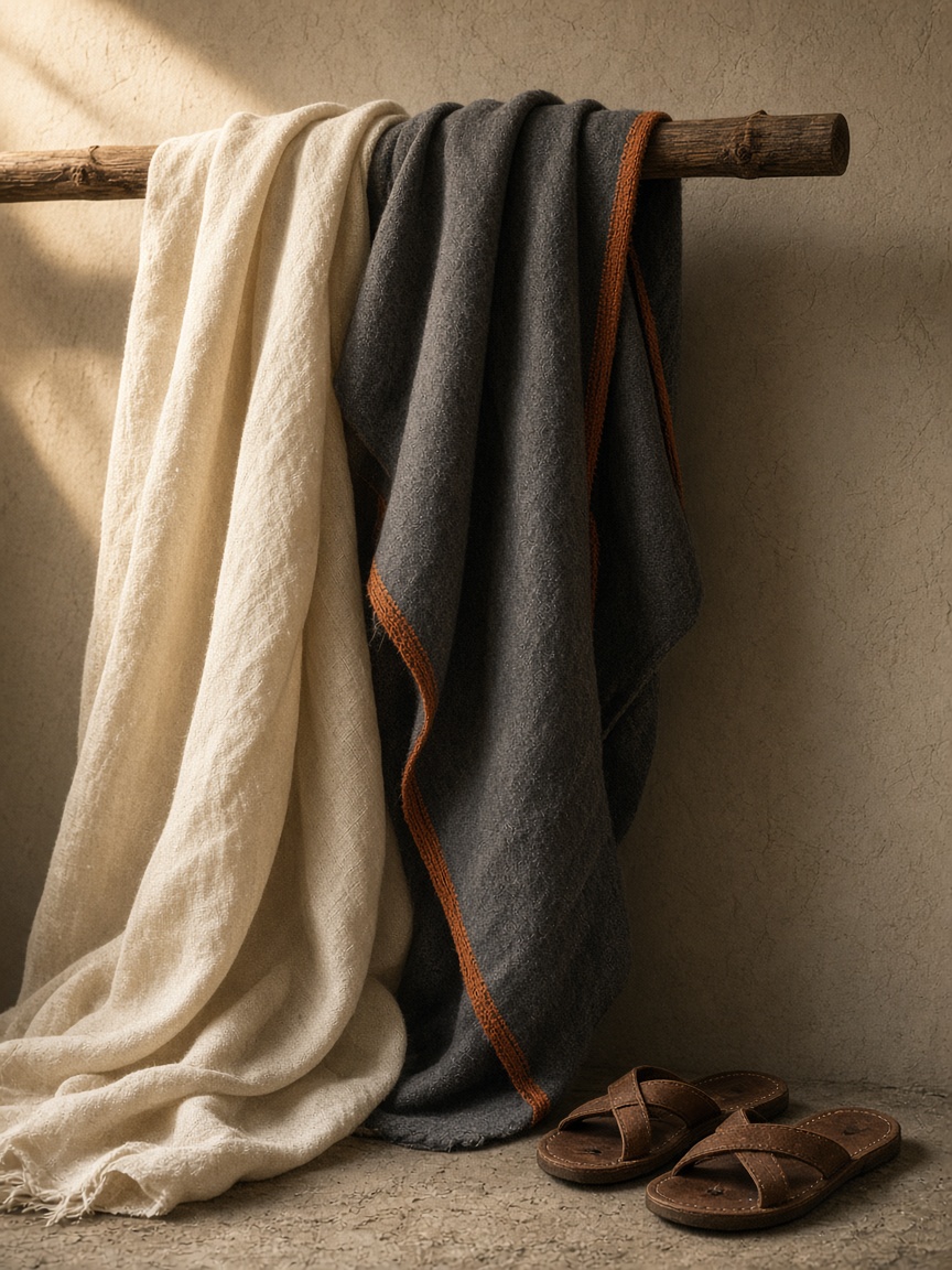 Linen and charcoal wool draped on a wooden rail, with leather sandals below.